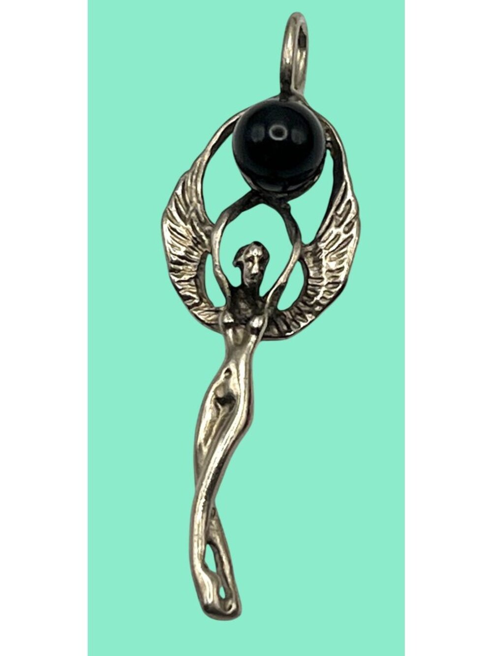 Sterling Silver 925 Angel Wing Goddess Pendant With Black Onyx 1.5" Long